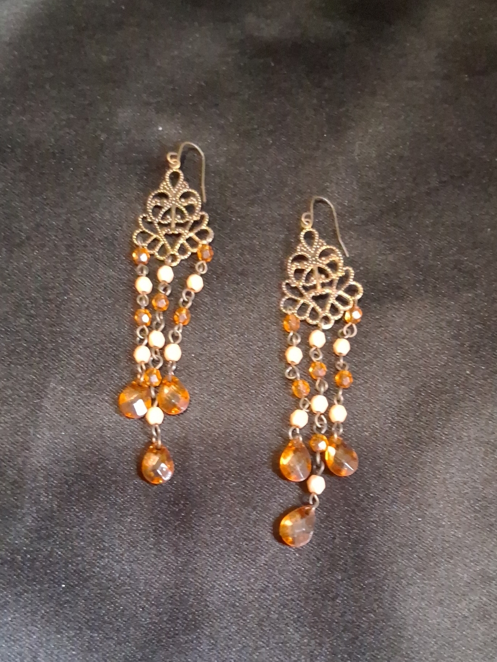 Vintage-Style Faux Amber Filigree Chandelier Earrings - Brass Bronze Gold Tone